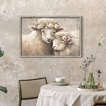 羊の壁掛けオブジェ　絵画 額 アートパネル 彫刻 芸術 古道具 アンティーク Amazon.co.jp: 羊の額入りウォールアート 装飾:農家の木製絵